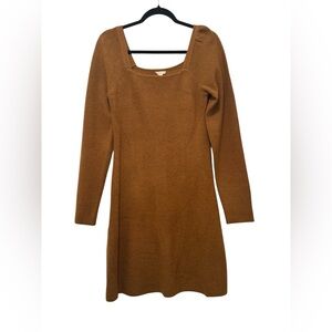 Hem & Thread Brown Tan Sheath Dress Square Neck Long Sleeve